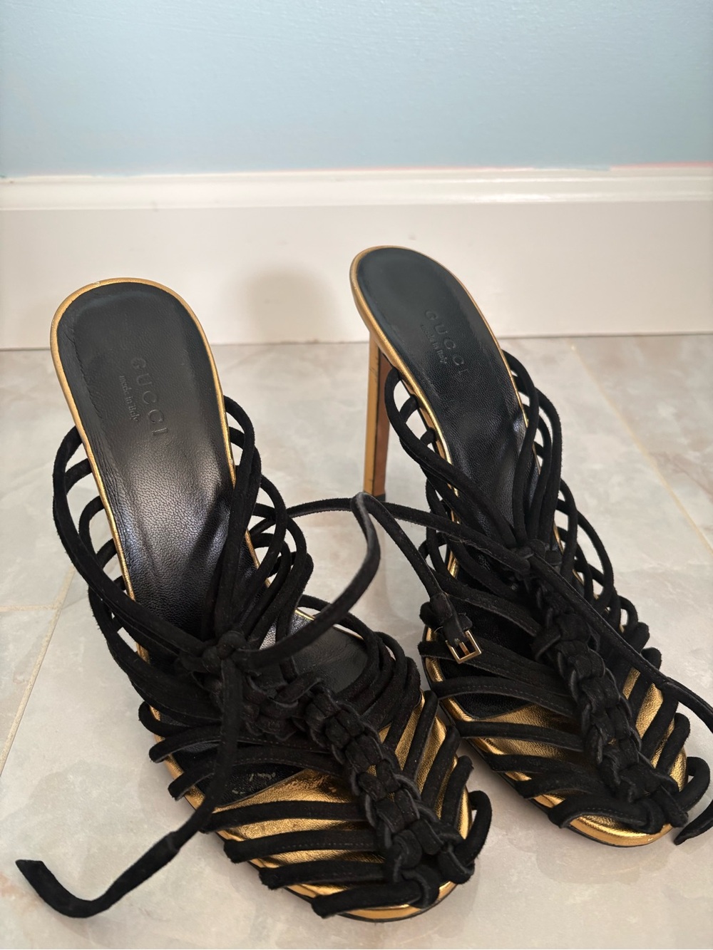 Gucci Black and Gold Strappy Lace-Up High Heel Sandals